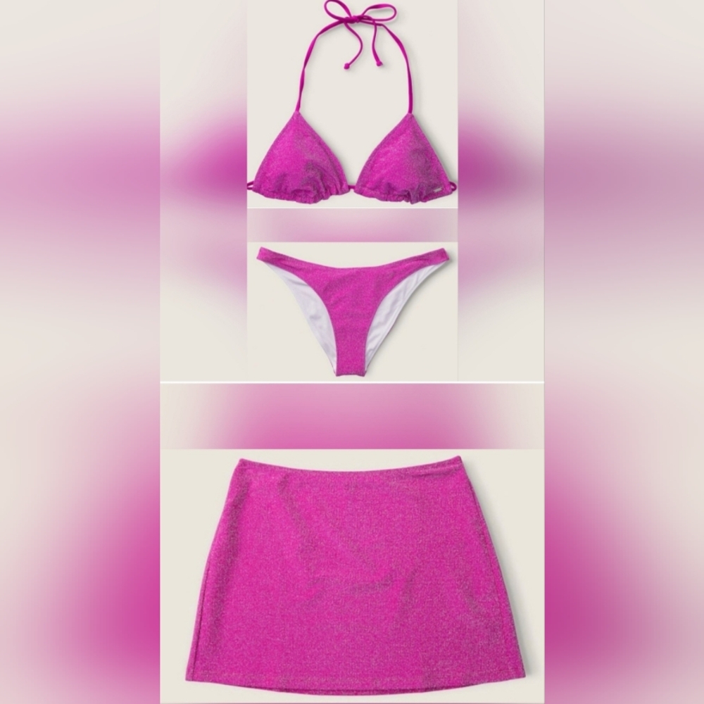 XL/L PINK Swim Shimmer Triangle Brazilian Skirt Bikini Set
